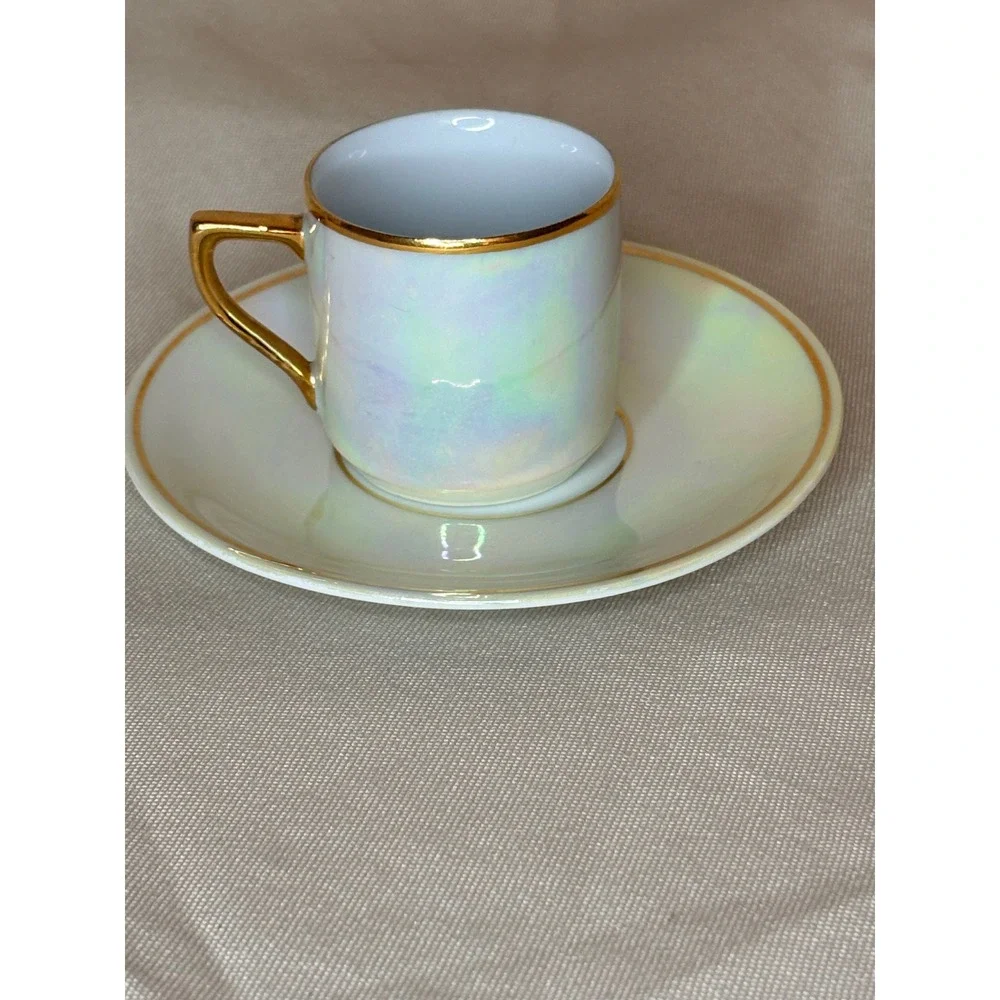 Vintage Stockholm Sweden Lusterware Demitasse Cup and Saucer Set Gold Trim